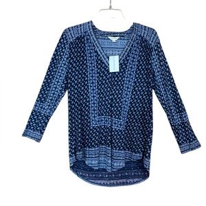 Lucky Brand Women's Blouse M Bohemian Peasant Boho V-Neck Blue Top Shirt NWT